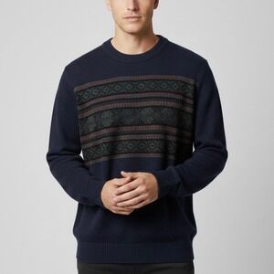 Pure Alpaca Men's Navy Blue 100% Baby Alpaca Fair Isle Crewneck Sweater Medium